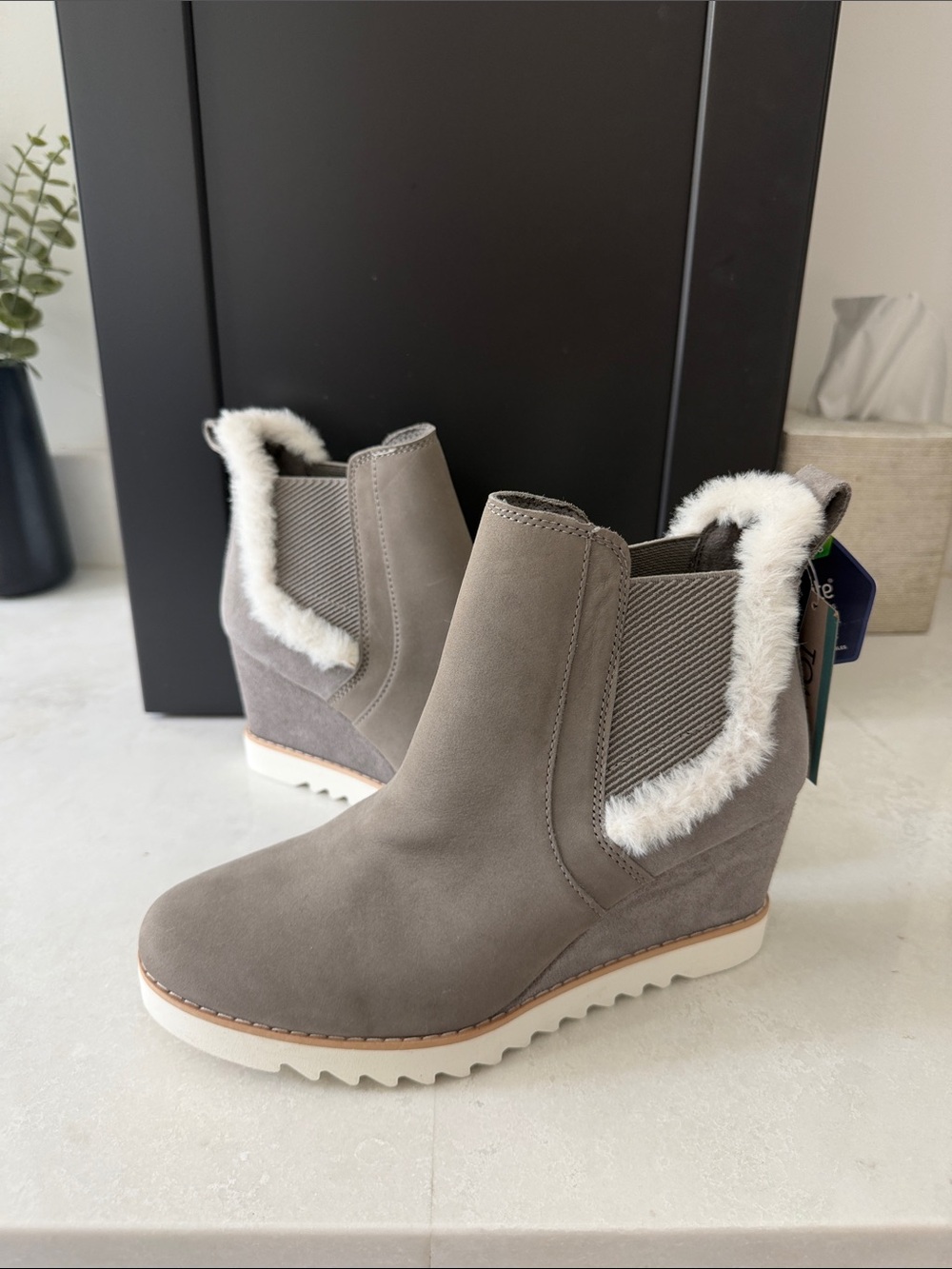Toms Gray Suede-Look Wedge Ankle Boots with White Faux Fur Trim